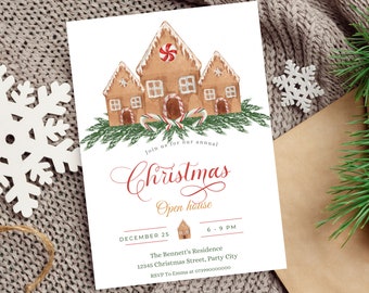 May include: A Christmas open house invitation featuring a watercolor illustration of gingerbread houses with candy cane accents and evergreen sprigs. The invitation text reads "Join us for our annual Christmas Open house" with date and time details.