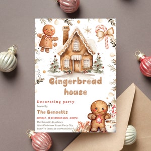 Editable Gingerbread House Decorating Party Invitation, Gingerbread Cookie Decorating Card, Holiday Cookie Party Card Instant Download