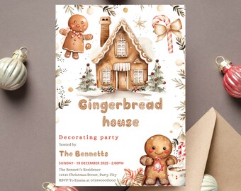 May include: A watercolor invitation for a gingerbread house decorating party. The invitation features a gingerbread house, gingerbread people, candy canes, and text that reads "Gingerbread house" and "Decorating party". The invitation is surrounded by Christmas ornaments.
