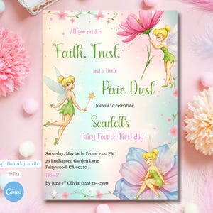 Zaproszenie urodzinowe Dzwoneczek, zaproszenie na imprezę z wróżką i pyłem wróżek, niestandardowy szablon Canva do pobrania w wersji cyfrowej do druku