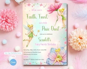 Invitación de cumpleaños de Campanilla, invitación para fiesta de hadas y polvo de hadas, plantilla personalizada de Canva, descarga digital imprimible.