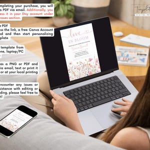May include: A digital download for a bridal shower invitation. The invitation features a watercolor floral design with pink and white flowers. The text on the invitation reads "Love in Bloom" and includes the bride's name. The invitation is displayed on a laptop screen.