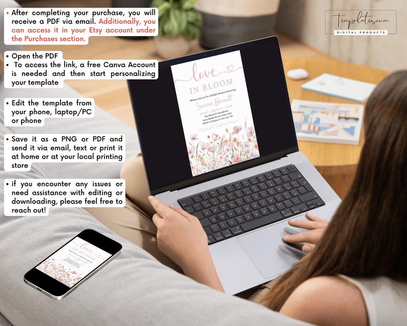 May include: A digital download for a bridal shower invitation. The invitation features a watercolor floral design with pink and white flowers. The text on the invitation reads "Love in Bloom" and includes the bride's name. The invitation is displayed on a laptop screen.