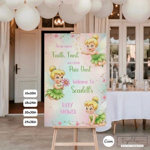 Letrero de bienvenida para baby shower de Campanilla, decoración editable para fiestas temáticas de hadas, plantilla imprimible personalizada de Canva
