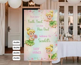 Letrero de bienvenida para baby shower de Campanilla, decoración editable para fiestas temáticas de hadas, plantilla imprimible personalizada de Canva