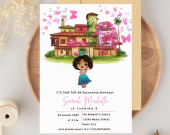 Invitación de cumpleaños EDITABLE Encanto Mirabel, plantilla de invitación de cumpleaños Encanto Casita, invitación floral de cumpleaños de niña, descarga instantánea
