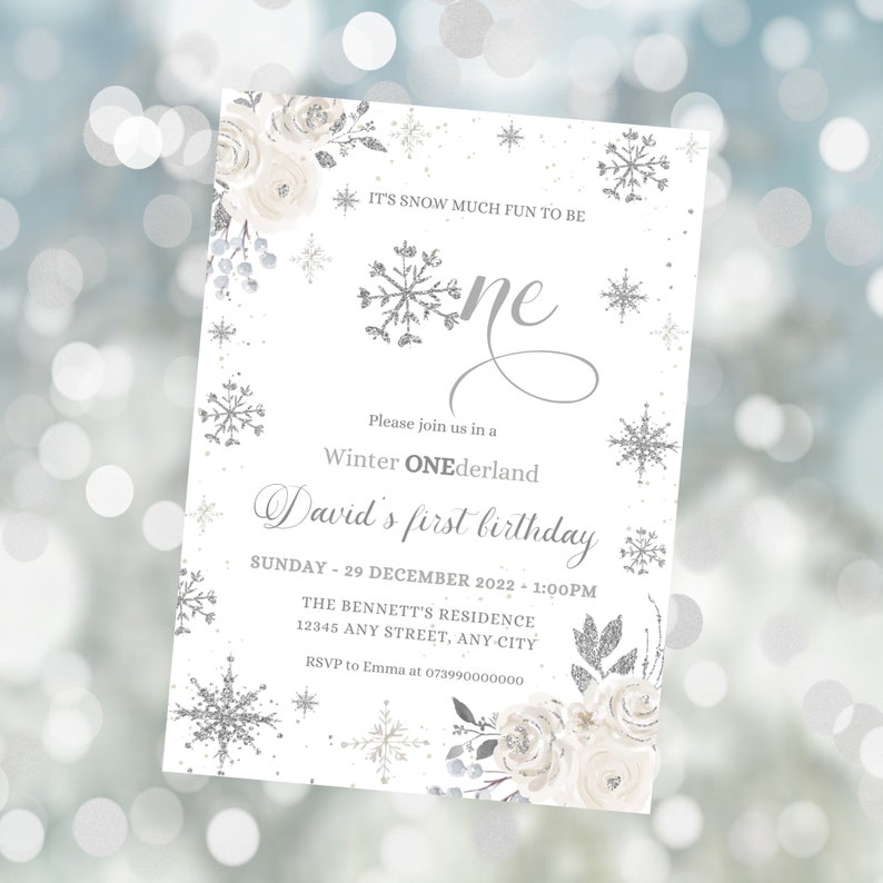Editable Winter ONEderland Invitation Silver Winter ONEderland Invitation Floral Snowflake Winter ONEderland Party Invite