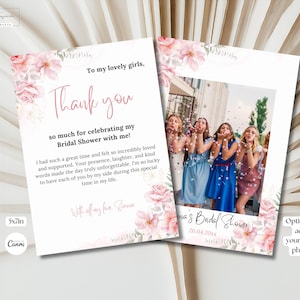 Tarjeta de agradecimiento editable para despedida de soltera con flores en rosa empolvado, nota de agradecimiento para la futura novia, rosas rosa rubor, plantilla imprimible para despedida de soltera digital