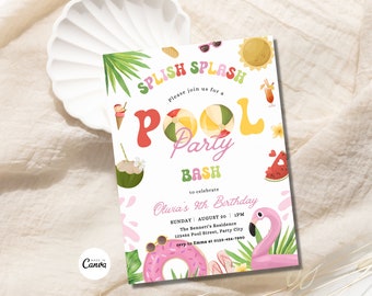 Tropical Pool Party Girl Birthday Invitation Editable Retro Birthday Summer Party Birthday Invite Pool Party Template Instant Download