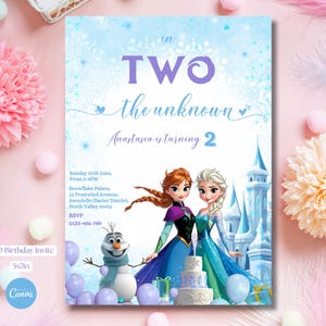 Invitación digital de cumpleaños de Frozen: Plantilla imprimible para fiesta de niña con temática de Elsa y Anna para el segundo cumpleaños
