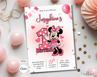 Minnie Mouse 1st Birthday Invitation: Pink Balloons (Digital Download)