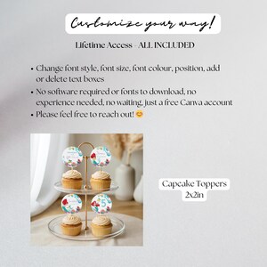 May include: A clear, tiered serving stand displays cupcakes topped with floral-designed cupcake toppers. The toppers are 2x2 inches and feature a colorful floral design. Text on the image reads "Customize your way!" and "Capcake Toppers".