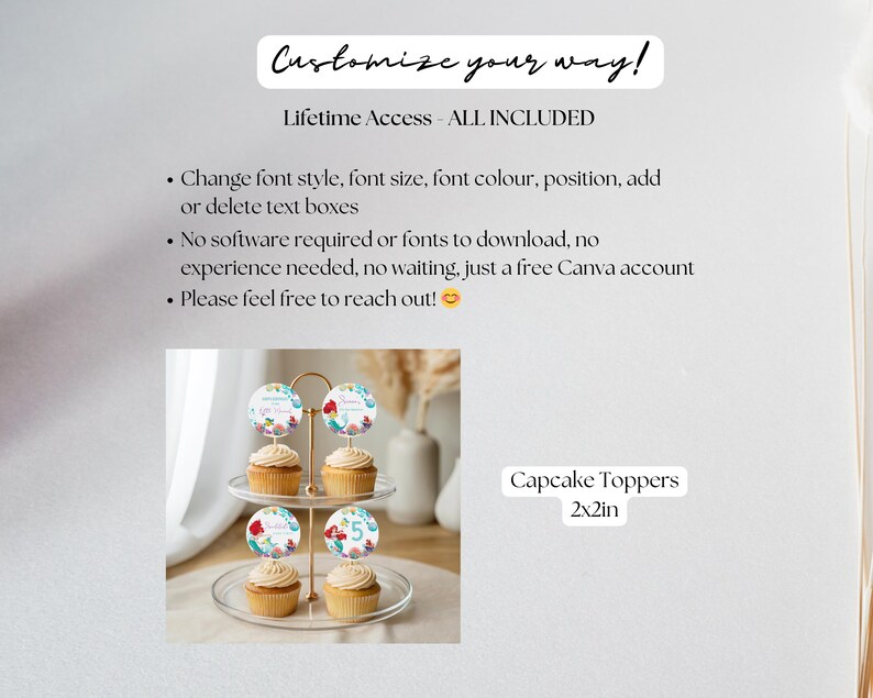 May include: A clear, tiered serving stand displays cupcakes topped with floral-designed cupcake toppers. The toppers are 2x2 inches and feature a colorful floral design. Text on the image reads "Customize your way!" and "Capcake Toppers".