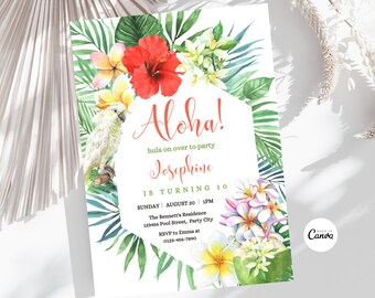Editable Aloha Birthday Invitation Summer Birthday Party Hawaiian Birthday Template Tropical Flowers Birthday Invite Instant Download
