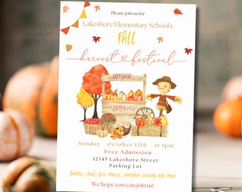 Op de afbeelding: Een witte flyer met herfstillustraties en tekst. De flyer promoot het Fall Harvest Festival van Lakeshore Elementary School, met details zoals datum, tijd en locatie. Het ontwerp bevat pompoenen, een vogelverschrikker en herfstbladeren.