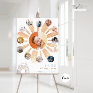 Cartello collage fotografico modificabile del primo anno del sole, pietra miliare del primo viaggio intorno al sole, decorazione stampabile per il primo compleanno del bambino, cartello boho Sun01