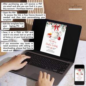 May include: A laptop displays a Christmas Tea Party invitation template with a teapot and festive decorations. The invitation is also shown on a smartphone. The screen shows the text: "Please join us for a Santa Gathering Christmas Tea Party".