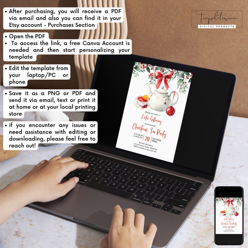 May include: A laptop displays a Christmas Tea Party invitation template with a teapot and festive decorations. The invitation is also shown on a smartphone. The screen shows the text: "Please join us for a Santa Gathering Christmas Tea Party".