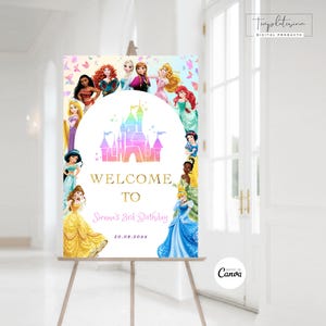 Panneau de bienvenue modifiable de princesse, décoration d'anniversaire de princesse royale, panneau d'anniversaire de thème de princesse de fille, téléchargement numérique de partie de princesse personnalisé