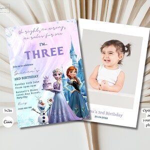 May include: A purple and blue invitation with a Frozen theme for a girl's 3rd birthday party. The invitation features a photo of the birthday girl, Elsa and Anna from Frozen, and the text "No right, no wrong, no rules for me I'm... THREE".