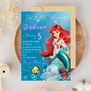Faire-part d'anniversaire modifiable petite sirène, modèle d'invitation d'anniversaire Ariel, carte la petite sirène, Invitation numérique princesse Ariel