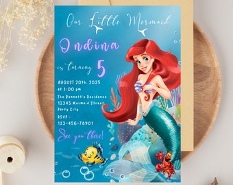 Bewerkbare kleine zeemeermin verjaardagsuitnodiging, Ariel verjaardagsuitnodiging sjabloon, de kleine zeemeermin kaart, prinses Ariel digitale uitnodiging