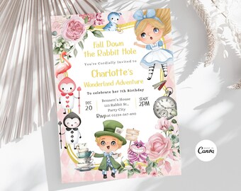 May include: A pink and blue Alice in Wonderland themed birthday invitation with a whimsical illustration of Alice, the Mad Hatter, and other characters. The invitation reads "Fall Down the Rabbit Hole You're Cordially Invited to Charlotte's Wonderland Adventure To celebrate her 7th Birthday Dec 20 Start 2PM Bennett's House 123 Rabbit St., Party City Rsvp at 01234-567-890"