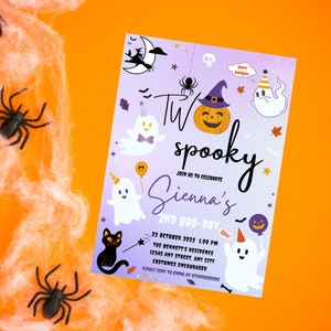 Editable Two Spooky Halloween Ghost 2nd Birthday Party Invitation - Purple Ghost 2nd Birthday Spooktacular Invitation - Instant Download