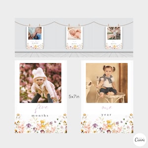 Cartes-photos modifiables d'étape mensuelle de fleurs sauvages, bannière d'anniversaire moderne, décoration imprimable fille 1ère année, bannière photo florale, fleurs sauvages 01