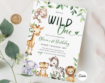 Editable Safari Birthday Invitation, Girl Boy Wild One Invitation, Greenery Jungle Animals Invite 1st Birthday Invite, Safari Template Card