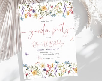 Editable Floral 1st Birthday Invite, Wildflower Birthday Party Invitation Template, Garden Party Birthday, Girls Birthday Flower Invitation