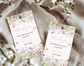 Wildflower Thank You Tags: Floral Birthday Favor Tag Editable Canva Template Gift Labels Garden