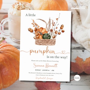 Fall Baby Shower Invitation A Little Pumpkin is On the Way Gender Neutral Baby Shower Boho Invite Editable Template Cute Pumpkin Invitation