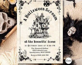 May include: A Halloween-themed invitation with a vintage aesthetic. The design features a haunted house illustration, decorative floral borders, and the text "A Halloween Scream." Details include the date, time, and location for the event.