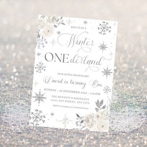 Editable Winter ONEderland Invitation Silver Winter ONEderland Invitation Floral Snowflake Winter ONEderland Party Invite Instant Download