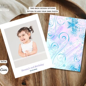 May include: A printable 5x7 inch birthday card template with a photo placeholder and two back design options. The front features a photo of a young girl with a white tank top and the text "Sienna's 3rd Birthday 20.04.20xx". The back design options feature a blue and purple watercolor background with snowflakes and swirls.