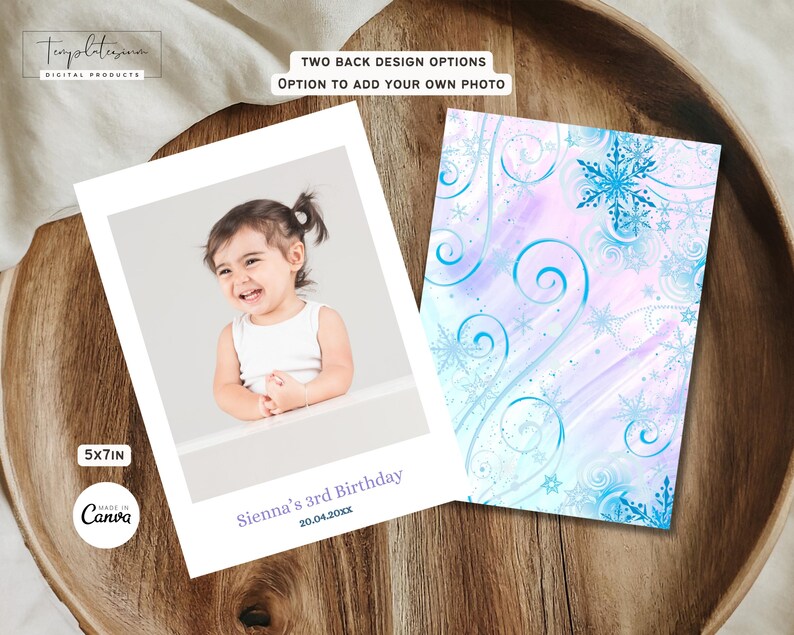 May include: A printable 5x7 inch birthday card template with a photo placeholder and two back design options. The front features a photo of a young girl with a white tank top and the text "Sienna's 3rd Birthday 20.04.20xx". The back design options feature a blue and purple watercolor background with snowflakes and swirls.