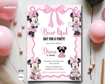 Pink Minnie Mouse Birthday Invitation, Watercolor Girl 2nd Birthday Invite, Printable Invite, Editable Minnie Birthday Bow Invite Digital