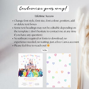 May include: A digital invitation template with a princess theme. The design includes a castle, princess characters, and the text "A Royal Day Awaits". The invitation is 12.7 x 17.8 cm.