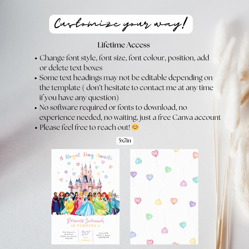 May include: A digital invitation template with a princess theme. The design includes a castle, princess characters, and the text "A Royal Day Awaits". The invitation is 12.7 x 17.8 cm.