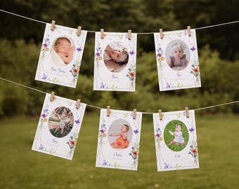 Wildflower Photo Banner, Floral Boho Garland Decor, Custom 12 Month Picture Flag Template, Digital