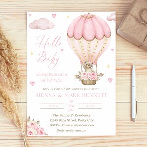 Bewerkbare teddybeer hete lucht ballon beer thema baby shower sjabloon uitnodigen meisje roze Hallo baby teddybeer bloemen uitnodigen Instant Download