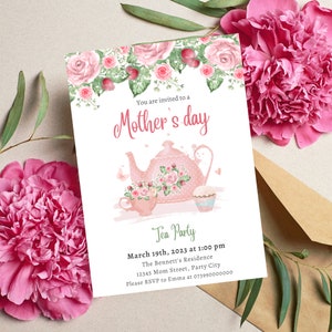 Moederdag Tea Party uitnodiging, bewerkbare Moederdag uitnodiging, Blush roze bloemen Moederdag brunch uitnodiging, Instant Download