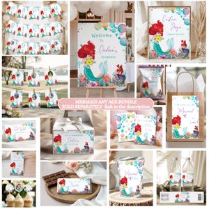 May include: A collection of mermaid-themed party supplies, including banners, signs, gift bags, and cupcake toppers. The designs feature a mermaid with red hair and a turquoise tail, surrounded by bubbles and coral.