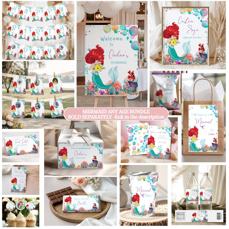 May include: A collection of mermaid-themed party supplies, including banners, signs, gift bags, and cupcake toppers. The designs feature a mermaid with red hair and a turquoise tail, surrounded by bubbles and coral.