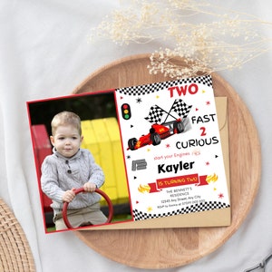 Editable Two Fast Birthday Invitation - Two Fast Boy Race Car 2nd Birthday Party Invite - Two Fast 2 Curious Photo Insert Invitation