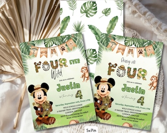Mickey Safari 4th Birthday Invitation Boy Four Ever Wild Custom Canva Template Digitally Download