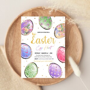 Invitación editable a la búsqueda de huevos de Pascua, tarjeta de Pascua a la búsqueda de huevos, invitación a la fiesta de Pascua, plantilla de huevos de Pascua de conejito, tarjeta imprimible, descarga instantánea