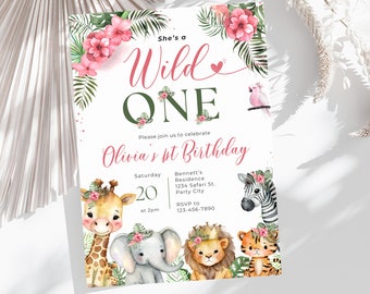 Editable Safari Birthday Invitation, Pink Girl Wild One Invitation, Jungle Animals 1st Birthday Invite, Safari Jeep Digital Template Invite