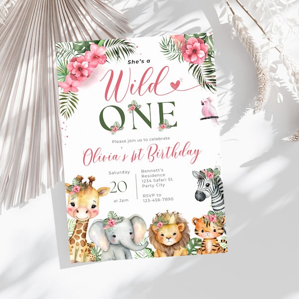 Editable Safari Birthday Invitation, Pink Girl Wild One Invitation, Jungle Animals 1st Birthday Invite, Safari Jeep Digital Template Invite